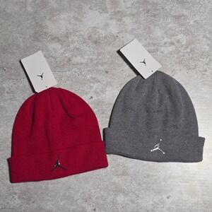 Jordan Jumpman Beanie Metal Logo Set of 2 - Red and Gray NWT Youth 8-20